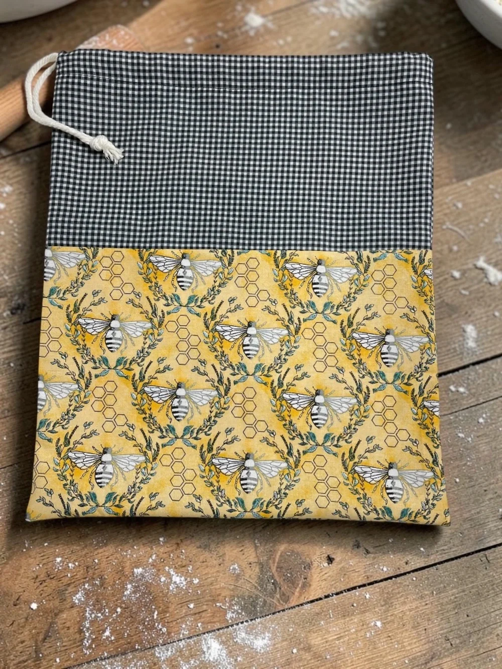 Yellow Bumblebee Bread Bag, Black White Checkered Cotton Bread Bag, Reusable Bag